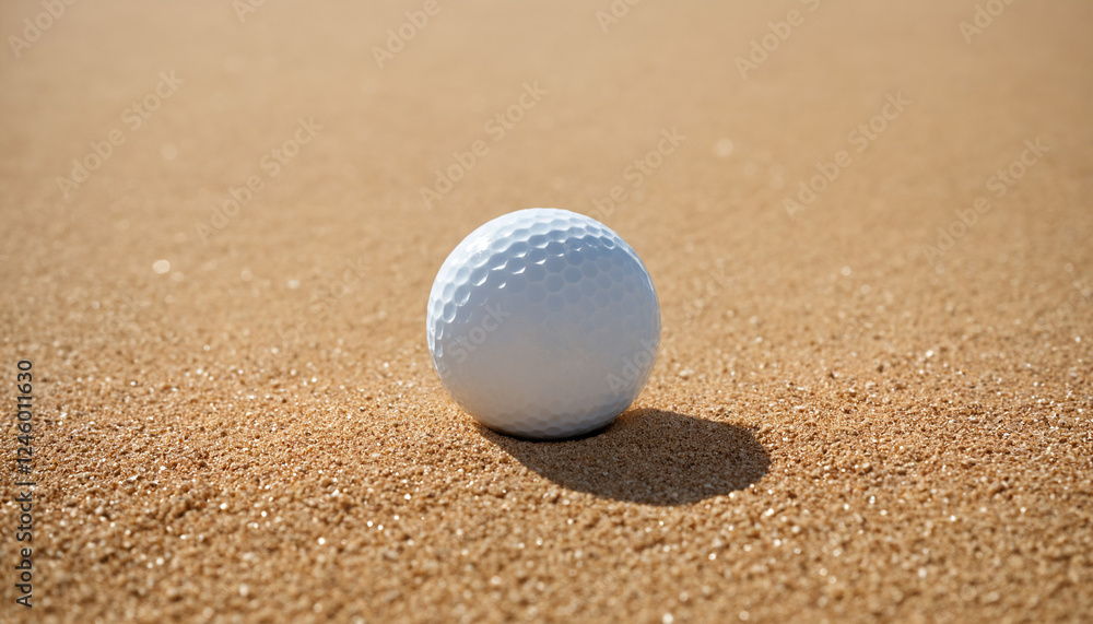 Golf ball on sandy surface under sunlight Golf ball on sandy surface under sunlight