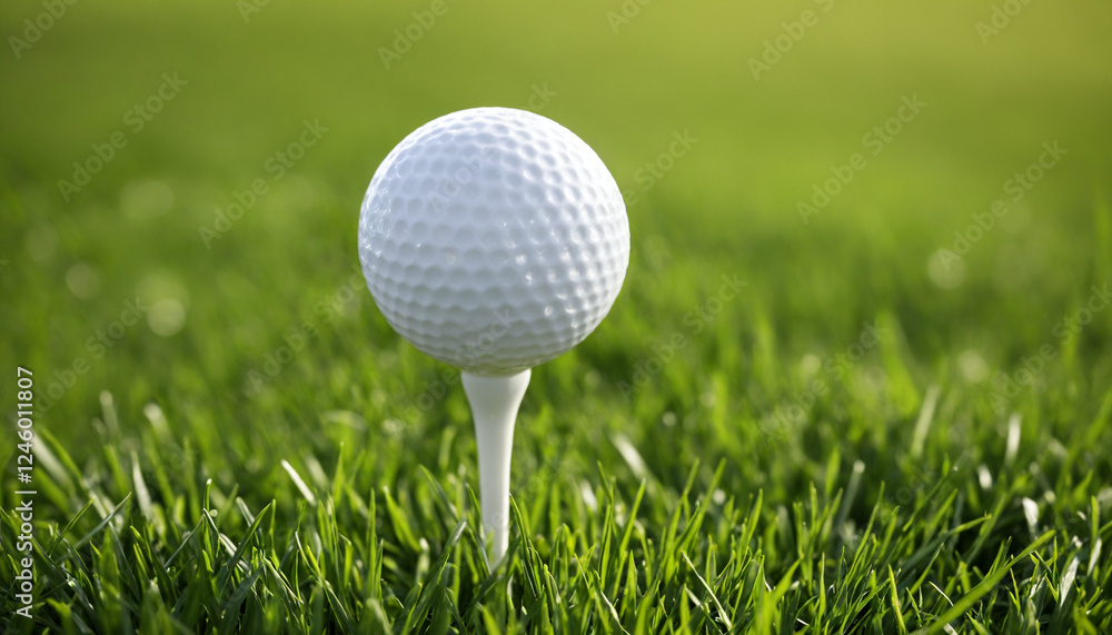 Golf ball on white tee in lush green grass close-up Golf ball on white tee in lush green grass close-up