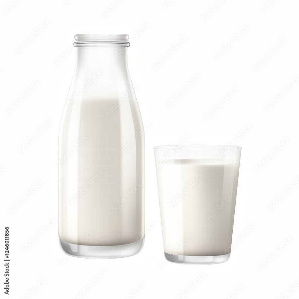 Realistic Glass and Bottle of Fresh Milk Isolated on Transparent Background. Generative Ai. Realistic Glass and Bottle of Fresh Milk Isolated on Transparent Background. Generative Ai.