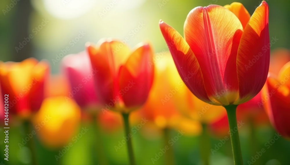 Closeup of colorful tulips, sunlight on petals, nature, flowers Closeup of colorful tulips, sunlight on petals, nature, flowers