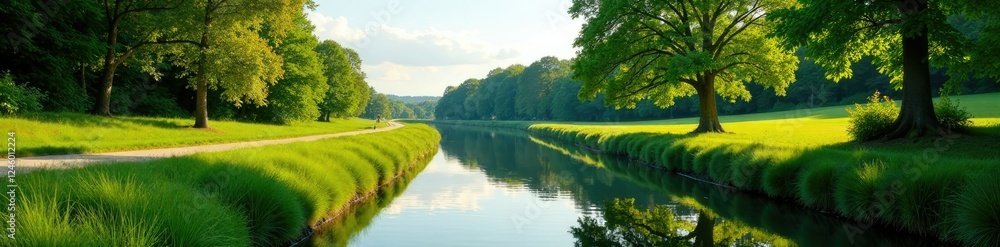 Vue de canal avec chemin de halage sur la droite, verdure, bord Vue de canal avec chemin de halage sur la droite, verdure, bord