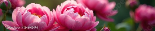 Close-up of pink peony petals and rose stems with leaves and branches around them, flowers, pink flowers