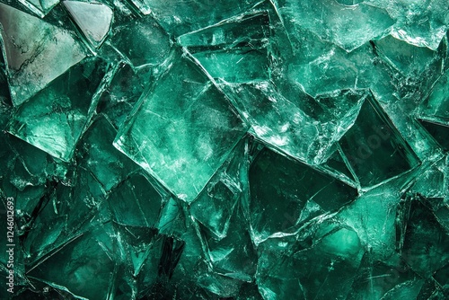 Shattered Green Glass Fragments Texture with Irregular Shapes and Transparent Crystal Look photo