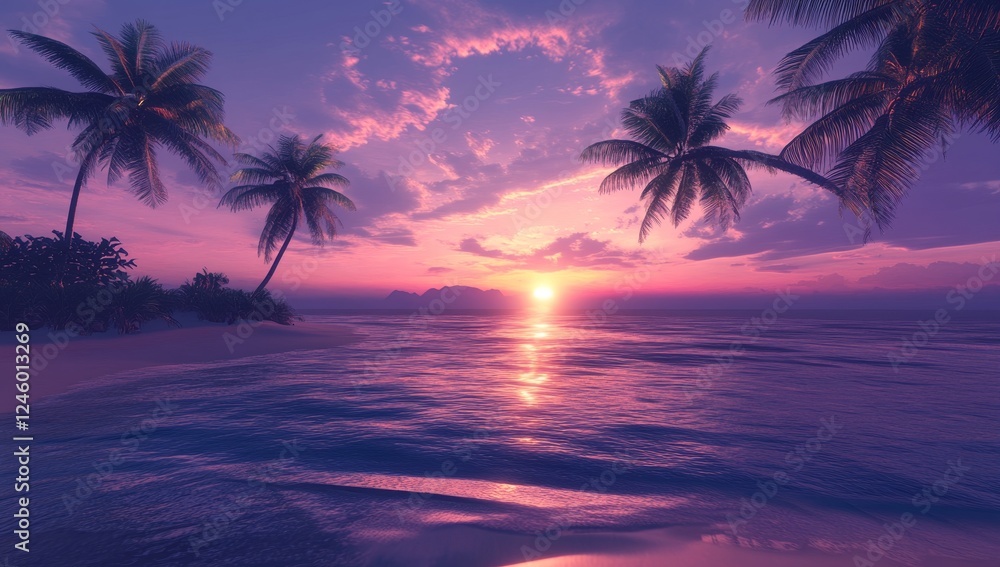Tropical sunset beach, palm trees, ocean, idyllic island escape, travel poster Tropical sunset beach, palm trees, ocean, idyllic island escape, travel poster