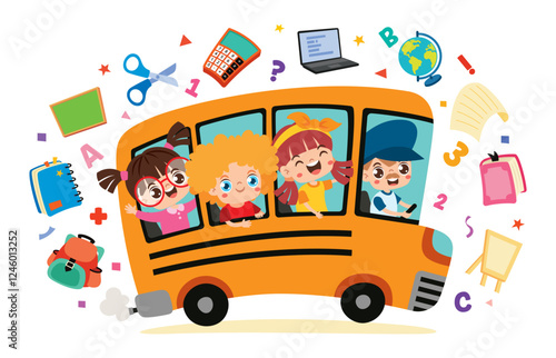 Cartoon Children Travelling By Bus