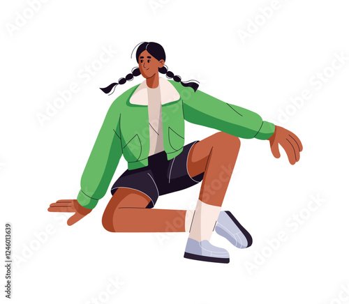 Cute girl with pigtails has a rest, waits, sits on the floor. Happy young woman with positive emotions. Person wearing jacket, looks aside. Flat isolated vector illustration on white background