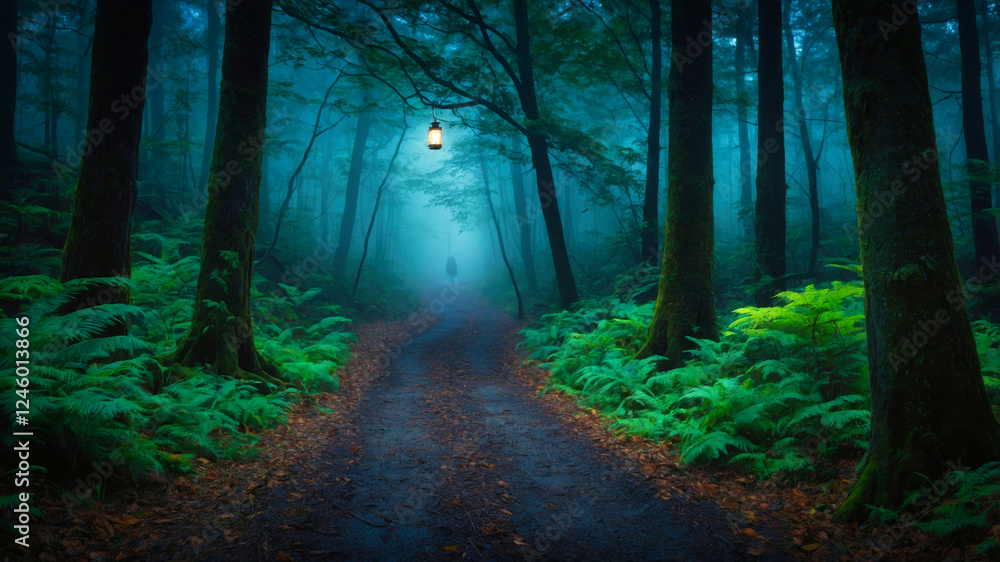 Obraz premium A moody, atmospheric image of a dimly lit forest path, with an old lantern illuminating the surrounding area