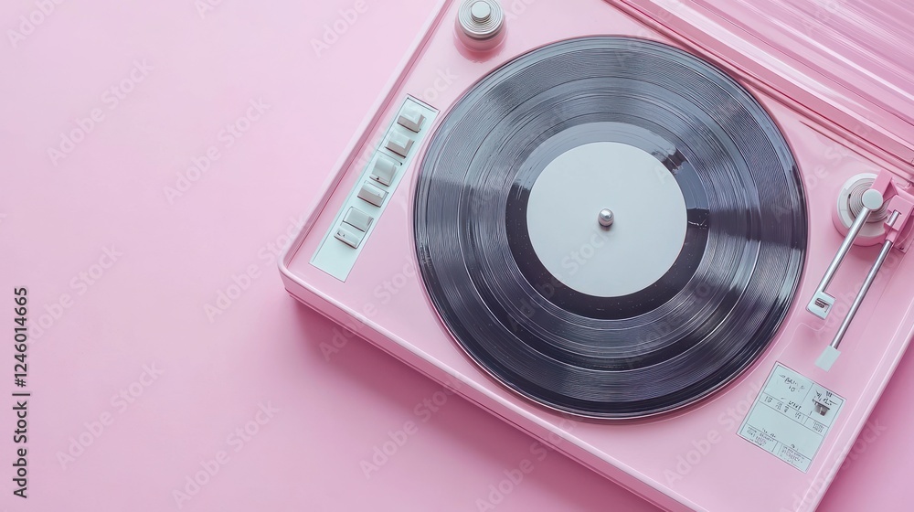 Pink turntable playing vinyl record on pink background, music listening concept Pink turntable playing vinyl record on pink background, music listening concept