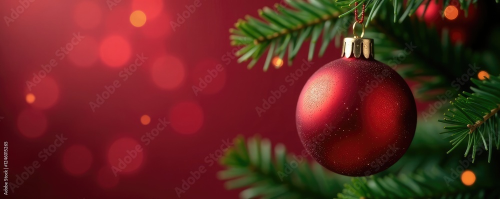 Obraz premium Glittery red bauble hanging from a Christmas tree branch, glitter, decorative items