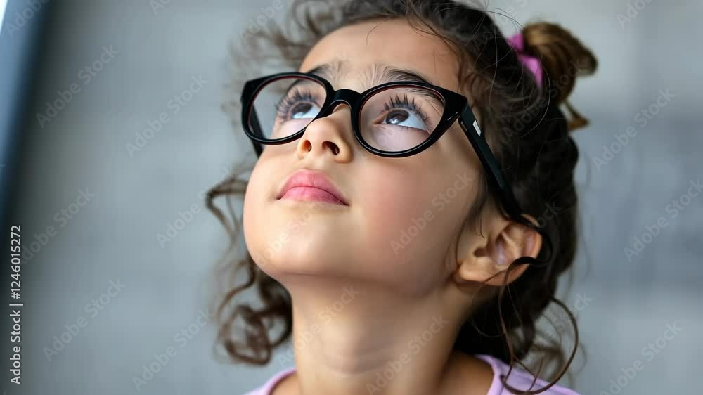Young girl with glasses is looking up at something. She has a serious expression on her face Young girl with glasses is looking up at something. She has a serious expression on her face