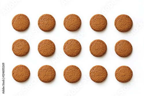 Symmetrical Arrangement of Brown Cookies on White Background for Baking or Culinary Presentation
