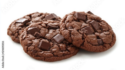Three Chocolate Chip Cookies on White Background - Perfect for Baking Promotions, Recipe Blogs, and Dessert Inspiration.