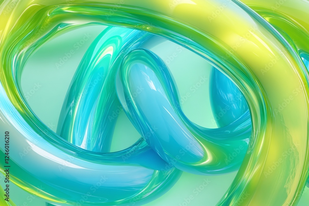 Fototapeta premium Abstract Twisting Blue and Green Loops with Glossy Reflections on Light Gradient Background