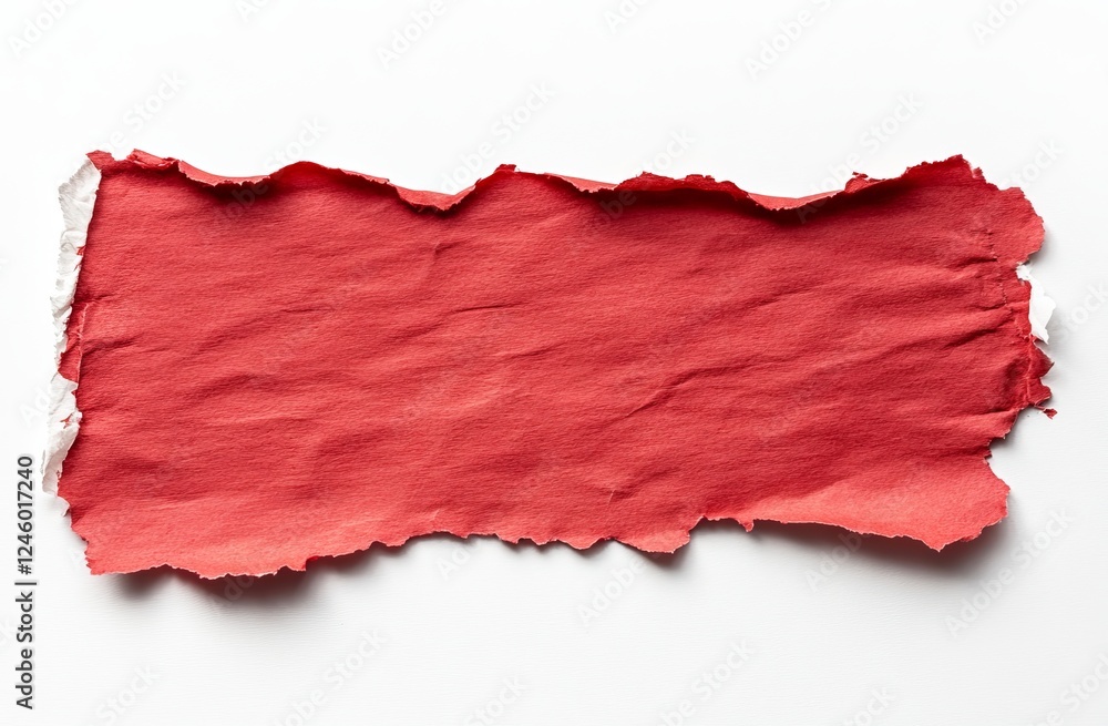 Torn red paper, white background, blank space, texture, design element Torn red paper, white background, blank space, texture, design element