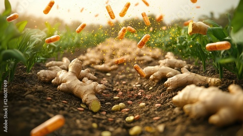 Fresh Ginger Root with Turmeric Capsules in a Fertile Garden