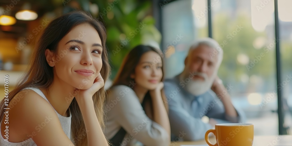 Thoughtful Woman Enjoying Coffee with Colleagues in a Relaxed Café Setting Thoughtful Woman Enjoying Coffee with Colleagues in a Relaxed Café Setting