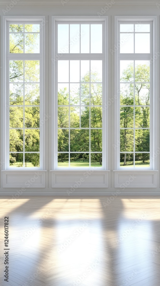 Fototapeta premium Spacious interior with a polished wooden floor and elegant walls, illuminated by natural light coming through large windows.