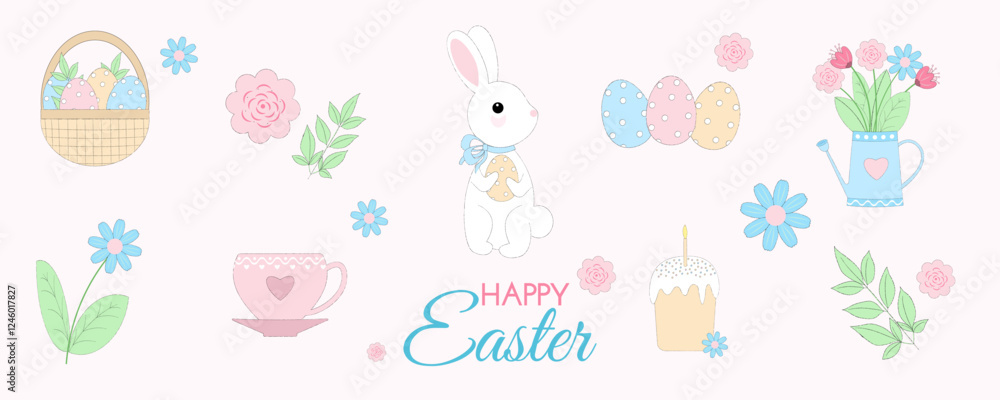 Cute Easter set, collection of spring elements - rabbit, flowers, eggs and other isolated on background. Vector illustration for banners, card Cute Easter set, collection of spring elements - rabbit, flowers, eggs and other isolated on background. Vector illustration for banners, card