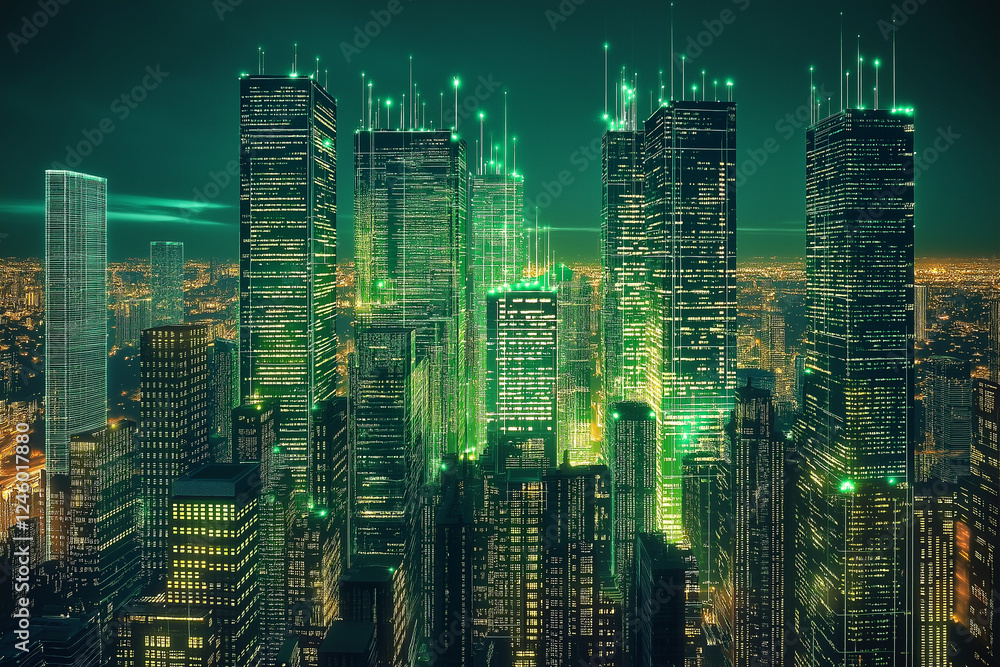 Obraz premium Futuristic digital metropolis, 3d rendered circuitry and motherboard visualization - Information technology and internet of things hub with dynamic data flow animation