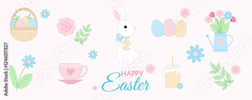 Cute Easter set, collection of spring  elements - rabbit, flowers, eggs and other isolated on background. Vector illustration for banners, card