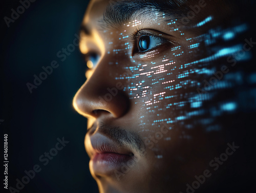A man’s face glows with biometric light as AI scans his emotions in real time. Represents AI’s ability to decode human emotions