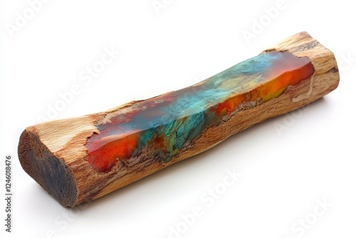 Vibrant Colorful Resin and Natural Wood Art Piece Displayed on a Clean White Background for Artistic Showcase and Handmade Crafts Promotion