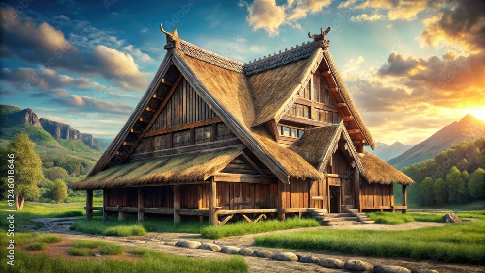 Obraz premium Photorealistic render of a majestic Viking longhouse; detailed exterior, showcasing historical Scandinavian architecture.