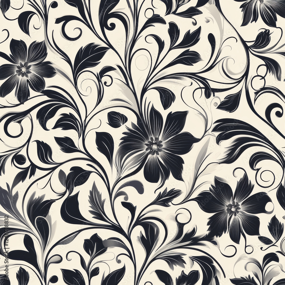 Seamless floral pattern with black flowers and leaves Seamless floral pattern with black flowers and leaves