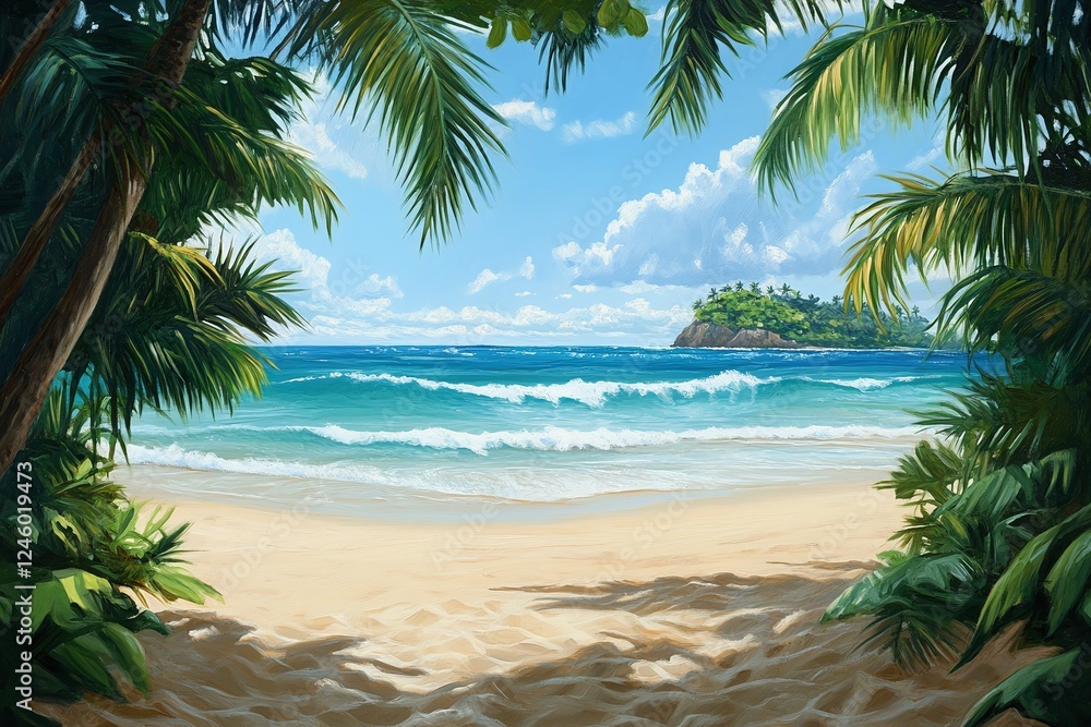 Fototapeta premium Tropical Beach with Palm Trees Sandy Shore and Blue Ocean Waves Under a Sunny Sky with Island View