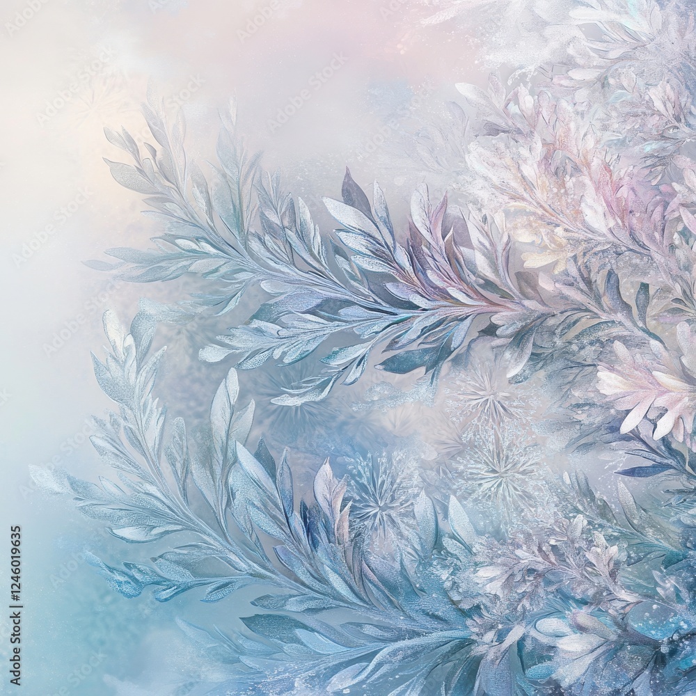 Bunch of frost-covered flowers with intricate ice crystals and zen papaya on a soft pastel background Bunch of frost-covered flowers with intricate ice crystals and zen papaya on a soft pastel background