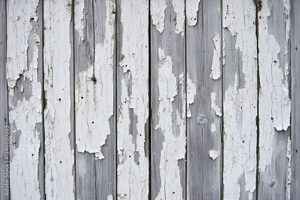 Fototapeta premium Weathered White Paint Peeling On Old Wooden Plank Surface Representing Vintage Rustic Decay