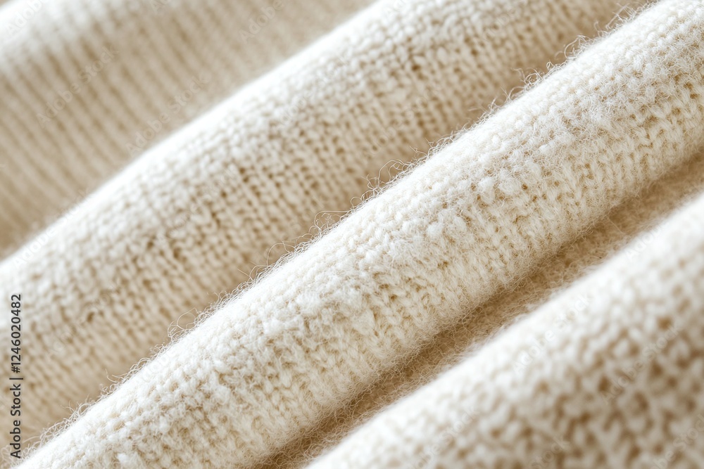 Close Up of Beige Knitted Fabric Texture with Soft Woolen Fibers in Folded Layers for Design Concepts