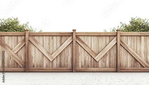 Wooden Fence with Geometric Design Surrounded by Lush Greenery in a Serene Garden Setting, Perfect for Outdoor Decor and Landscaping Inspiration