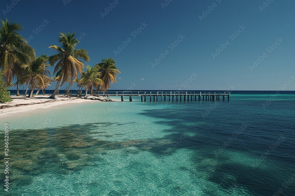 Fototapeta premium Tropical Beach with Palm Trees Clear Turquoise Water and Wooden Pier on a Sunny Day