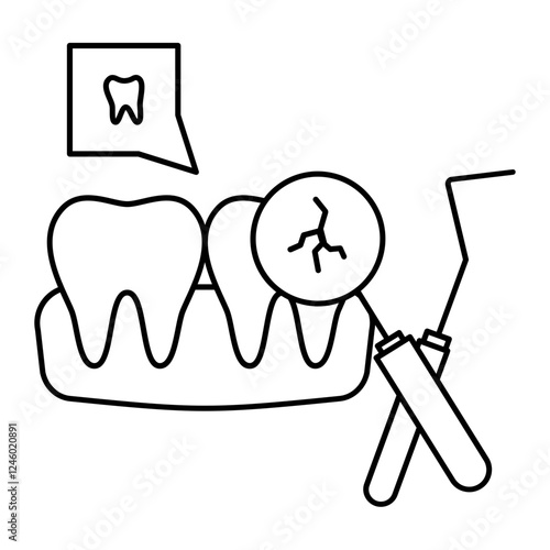 cracked dental crown Fractured Teeth Exam using Mouth mirror concept, Checking Tooth explorer sickle probe vector icon design, Dentistry symbol, Healthcare sign, Dental instrument illustration