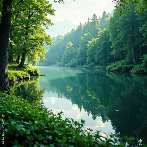 Muted greens foliage surrounding tranquil lake, forest, calm water, trees