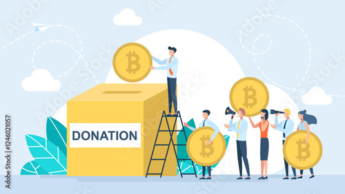 Investor hand throwing bitcoin coin into piggy bank. Donation. People putting cryptocurrency into piggy bank. Crypto currency savings, bitcoin defensive asset, concept banner. Vector illustration
