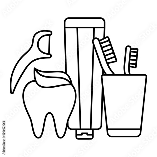 Personal Oral Hygiene items toothbrush and floss concept, Bathroom Vanity Storage with Green Leaf vector icon design, Dentistry symbol, Healthcare sign, Dental instrument illustration