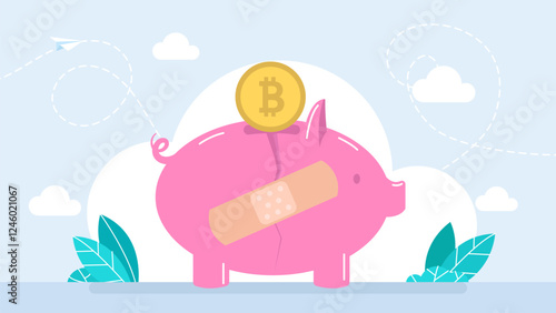Piggy bank, bitcoin, crack, crisis, plaster. A crypto piggy bank with bitcoins and adhesive tape on the outer side, a cryptocurrency market economic crisis, savings account. Vector illustration