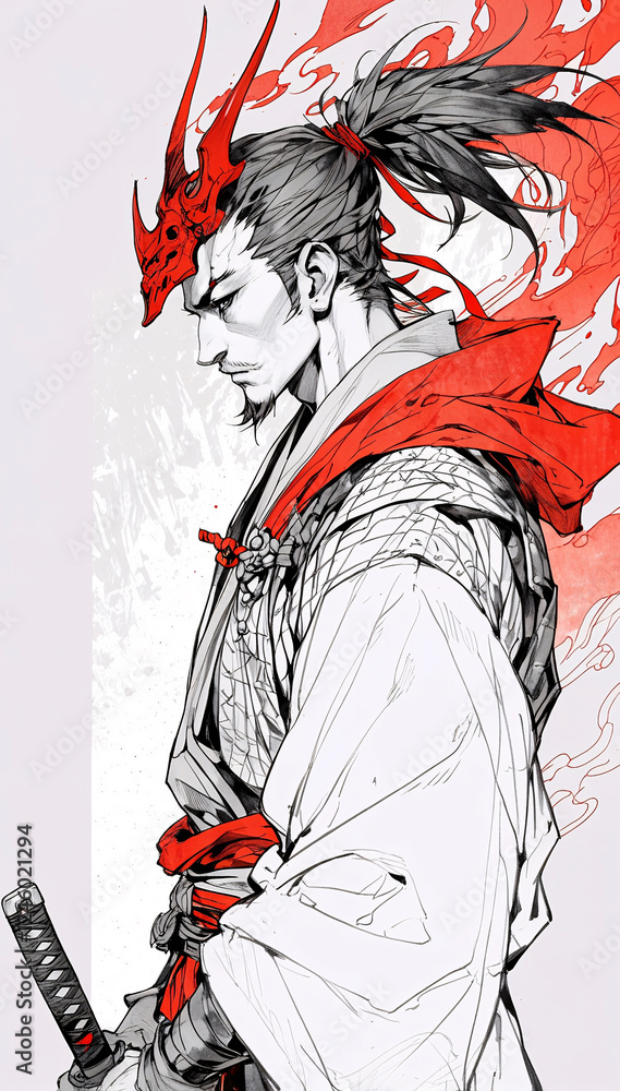 Obraz premium A Bold Pencil Drawing of a Japanese Warrior in Red Kimono With Katana Sword Showcasing the Timeless Power of Samurai Tradition Anime Wallpaper Background Illustration Aesthetic