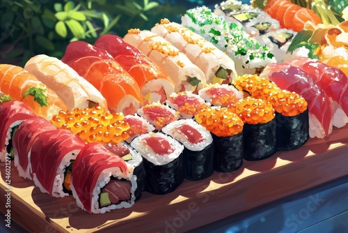 Sunny outdoor sushi platter, vibrant seafood rolls, garden background, restaurant menu photo