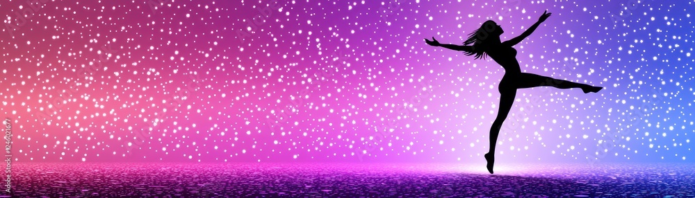 Silhouette dancer leaps, purple sparkly background, freedom, design Silhouette dancer leaps, purple sparkly background, freedom, design
