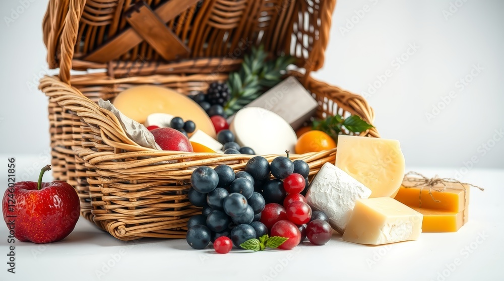 Wicker basket with assorted fruits and cheeses Wicker basket with assorted fruits and cheeses