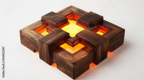Wooden Geometric Lamp with Warm Glow on White Background - Perfect for Home Decor and Creating Ambient Lighting Atmosphere