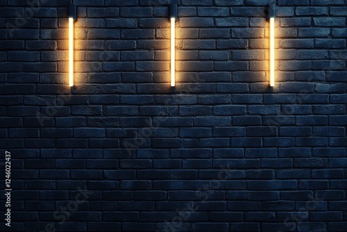 Three Vertical Warm Yellow Lights on a Dark Blue Brick Wall Industrial Style Background photo