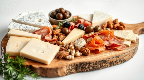 Cheese platter with olives, nuts, and cured meats on wooden board