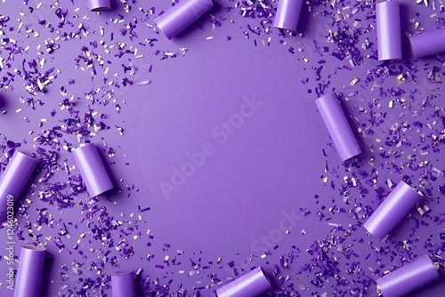 Purple Party Celebration Background with Confetti and Ribbons on Solid Purple Surface