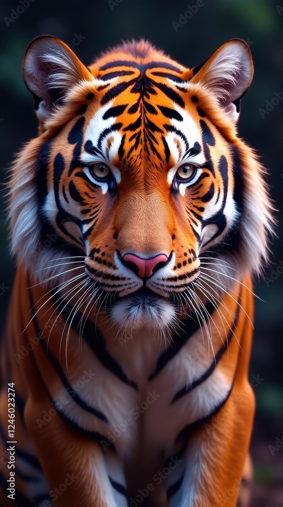 Obraz premium Majestic Tiger Portrait A Close-Up View of an Orange and Black Striped Cat, Showing Intricate Detail of Fur, Eyes, and Whiskers