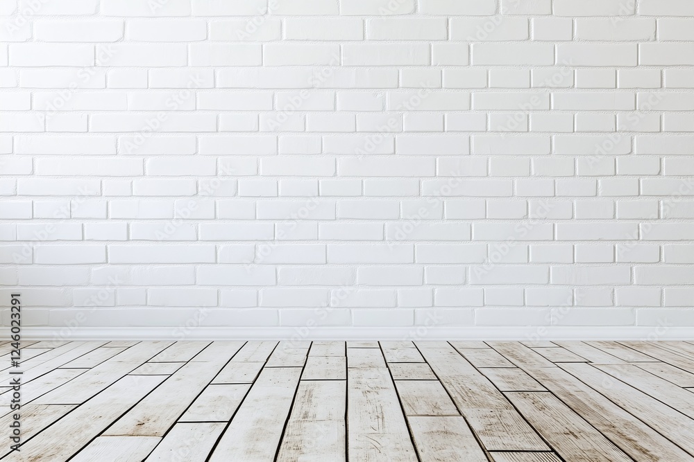 White Brick Wall with Wooden Floor in Bright Minimalist Interior Background for Design or Display White Brick Wall with Wooden Floor in Bright Minimalist Interior Background for Design or Display