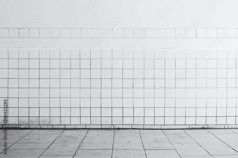 Fototapeta premium Minimalist White Tiled Wall with Clean Floor Design in Bright Urban Space with Geometric Style